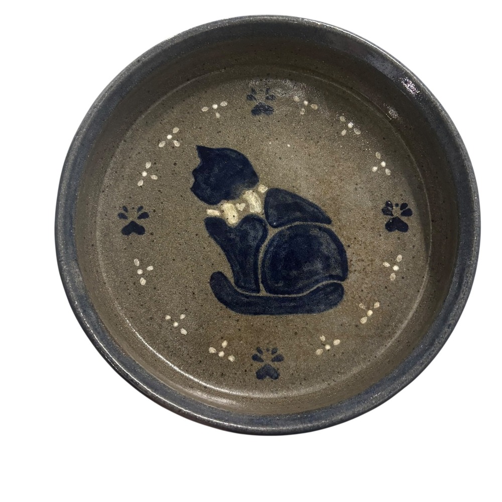 Handcrafted Folk Art Blue Cat Stoneware Pottery Bowl Speckled Brown 10 Inch